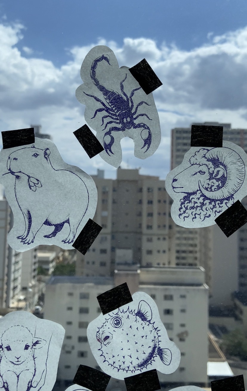 Painel de flashes com escorpião, capivara, carneiro e baiacu