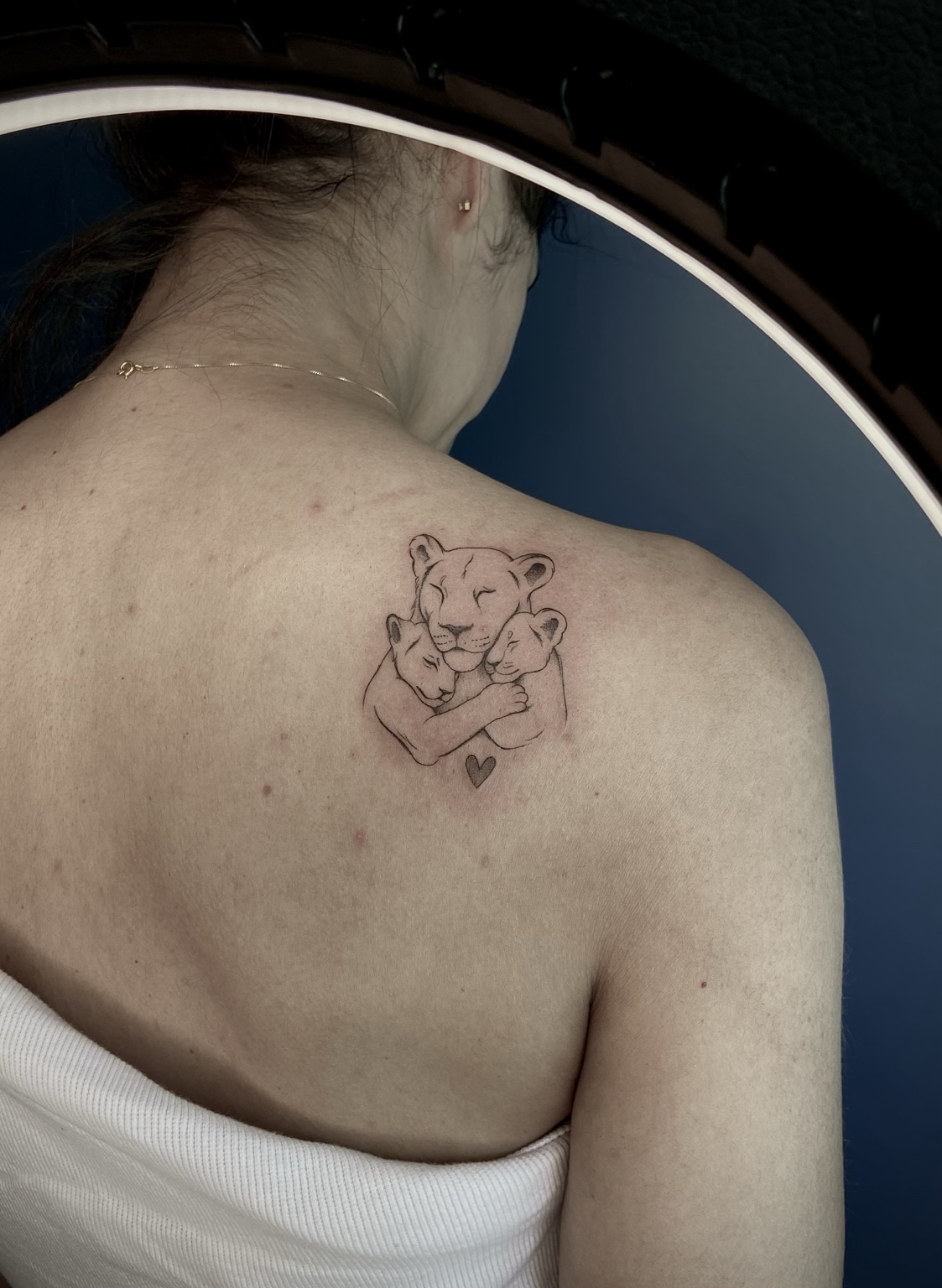 Tatuagem delicada de leoa abraçando dois filhotes