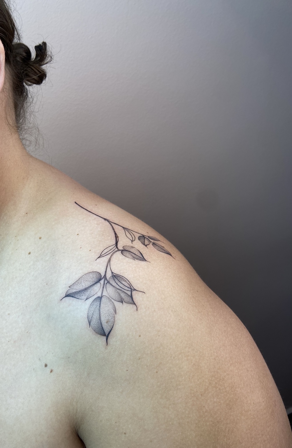 Tatuagem botânica delicada sobre o ombro