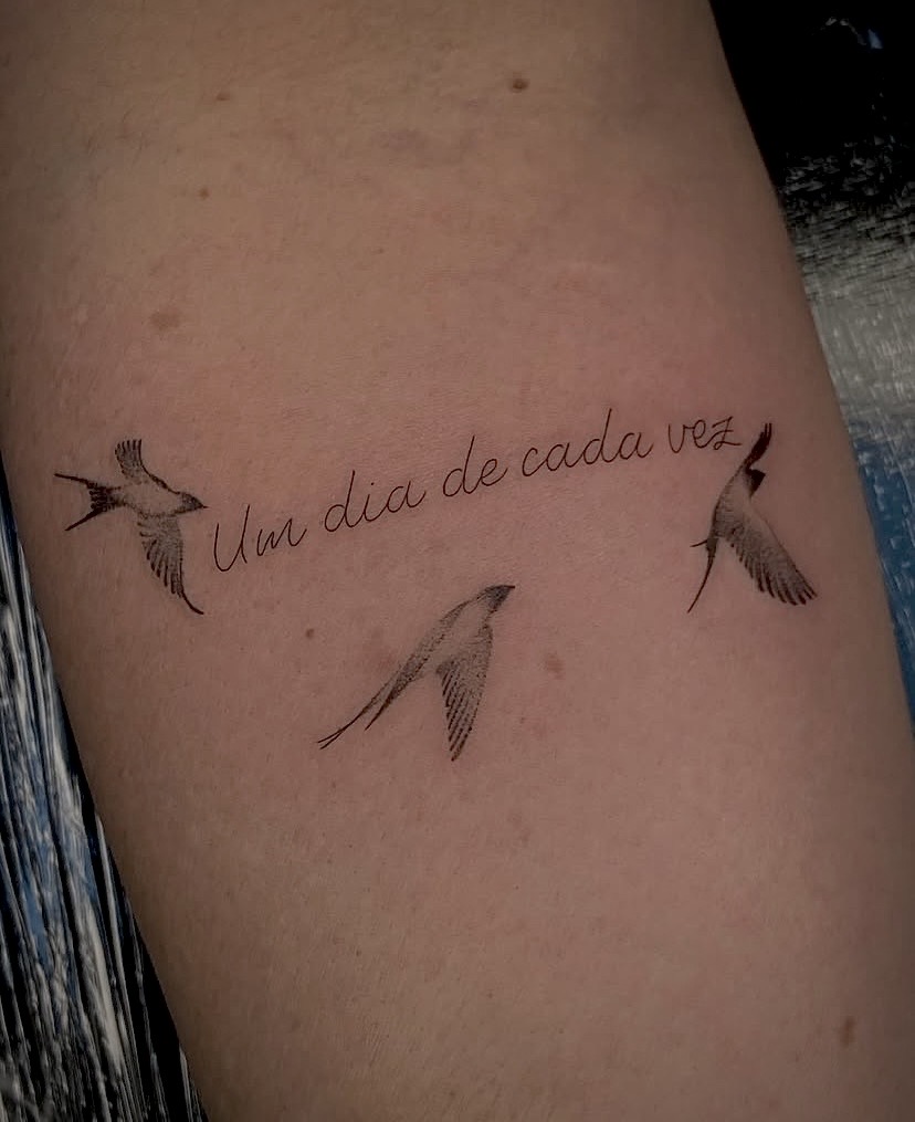 Tatuagem de pássaros com a frase Um dia de cada vez