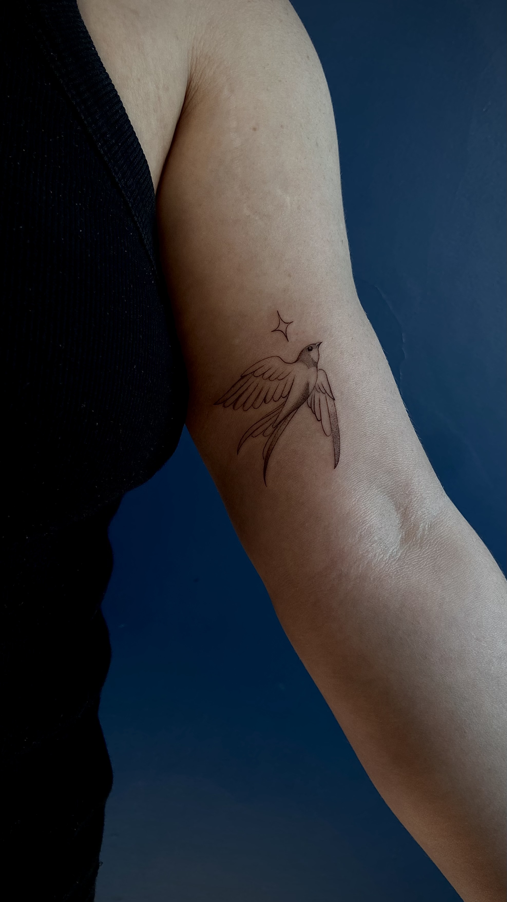 Tatuagem minimalista de pássaro em voo